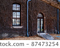 Heavy windows and doors in a tree-covered building 87473254