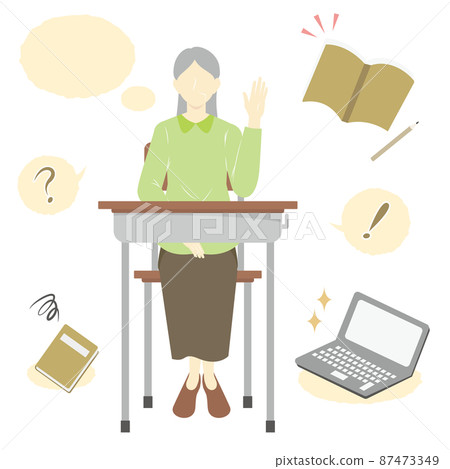 Senior woman raising her hand for a question while studying 87473349