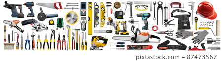Large set of construction tools on a white background 87473567