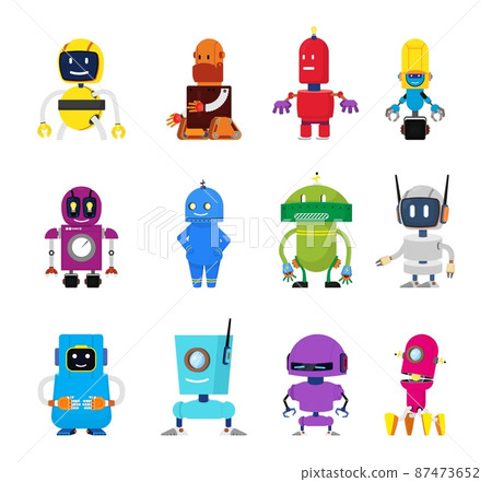 Cartoon robot characters. Energy robots, science robotics for kids. Isolated children toys, cute vintage android elements. Friendly alien, decent vector set Cartoon robot characters. Energy robots, science robotics for kids. Isolated children toys, cute vintage android elements. Friendly alien, decent vector set 87473652