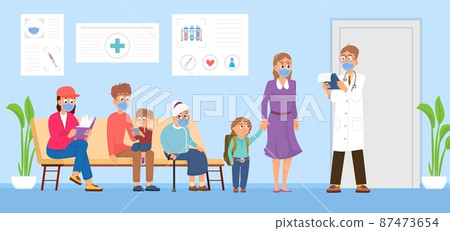 Doctor visiting. Waiting line, patients wear mask in hospital. Professor, health examination. Visit clinic for vaccination or check up, decent vector scene Doctor visiting. Waiting line, patients wear mask in hospital. Professor, health examination. Visit clinic for vaccination or check up, decent vector scene 87473654