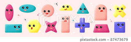 Cute geometric shapes. Funny character with eyes, round square and polygon forms. Colorful figure, star with face. For kindergarten children swanky vector kit 87473679