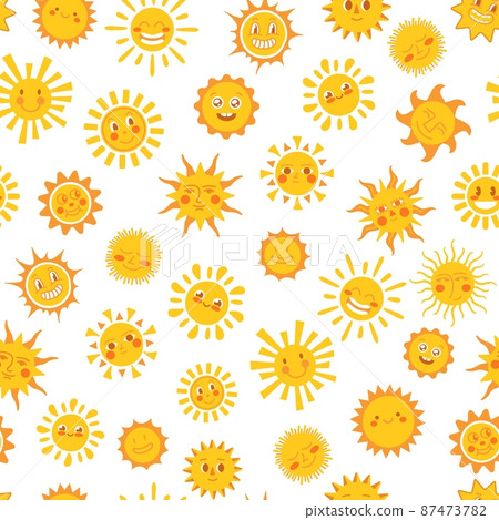 Yellow sun pattern. Doodle suns, summer scribble cute sunny. Funny morning sunshine, childish sunlights print. Cartoon solar elements neat vector seamless texture 87473782