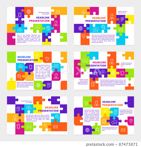 Puzzle presentation. Human profile, business presentations templates design with jigsaw pieces. Modern designing concept, web pages tidy vector banners Puzzle presentation. Human profile, business presentations templates design with jigsaw pieces. Modern designing concept, web pages tidy vector banners 87473871