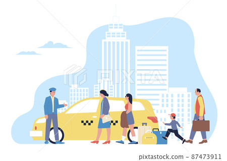 Taxi using. Family go to yellow car, city transportation service. Driver work, touristic characters with bags. Urban vehicle, mobile app recent vector concept Taxi using. Family go to yellow car, city transportation service. Driver work, touristic characters with bags. Urban vehicle, mobile app recent vector concept 87473911