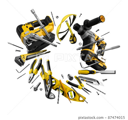 Construction tools levitate on a white background 87474015