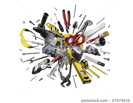 Construction tools levitate on a white background 87474016