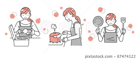 A set of women doing household chores in the kitchen (with cooking utensils that let the rice boil over) A set of women doing household chores in the kitchen (with cooking utensils that let the rice boil over) 87474122