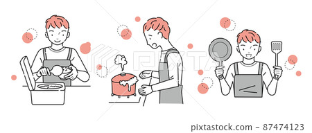 A set of men doing household chores in the kitchen (with cooking utensils that let the rice boil over) A set of men doing household chores in the kitchen (with cooking utensils that let the rice boil over) 87474123