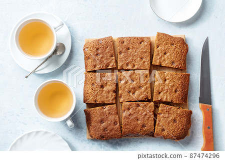 Blondie brownie dessert bars with chocolate chips, overhead flat lay shot Blondie brownie dessert bars with chocolate chips, overhead flat lay shot 87474296