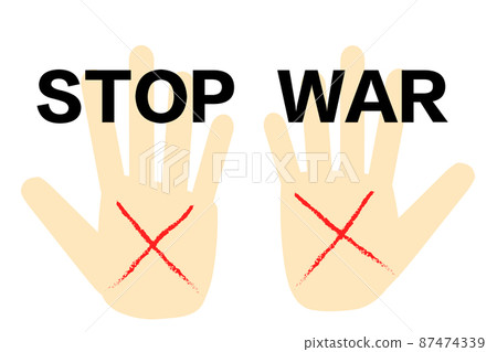 Opposition to war, anti-war image. Stop the war. An illustration showing the restraint with a blood cross mark on the palm. 87474339