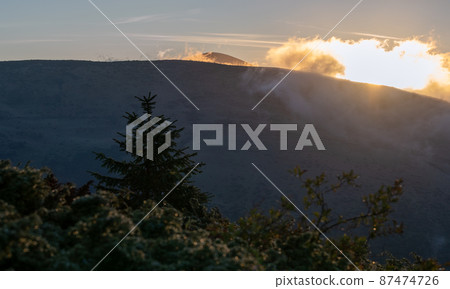 Panoramas of the Carpathians at dawn, dreamy panoramas of the mountains. 87474726