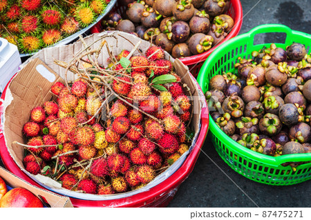 rambutan and other tropical exotic fruits on street market rambutan and other tropical exotic fruits on street market 87475271