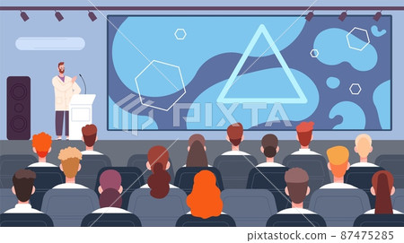Doctors at medical audience. Speech of speaker medicine at scientific medical conference doctor congress, science seminar, professor lecture auditorium splendid vector illustration 87475285