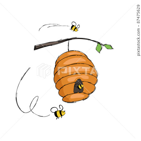 Bees Flying In Hive Hanging on Tree Branch Vector 87475629