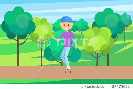 Skater Outdoors, Young Skater in Cute Hat Riding 87475652