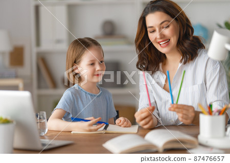 Girl doing homework or online education. Girl doing homework or online education. 87476657