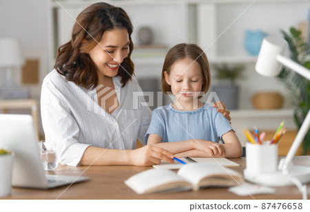 Girl doing homework or online education. Girl doing homework or online education. 87476658