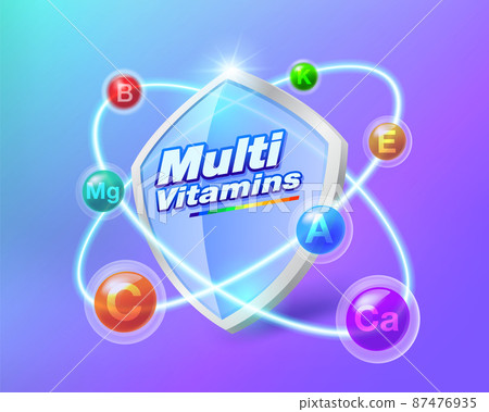 Multivitamin shield icon concept inspiration Many vitamins orbit around the clear blue glass shield. Protect your body and keep it healthy. Multivitamin shield icon concept inspiration Many vitamins orbit around the clear blue glass shield. Protect your body and keep it healthy. 87476935