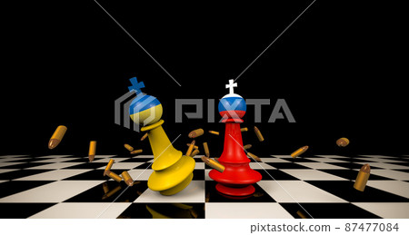 3D rendering, Close up Ukraine and Russia flag on chess crashing, flying bullets around the chess, chess board and shadow darkness on background. 87477084