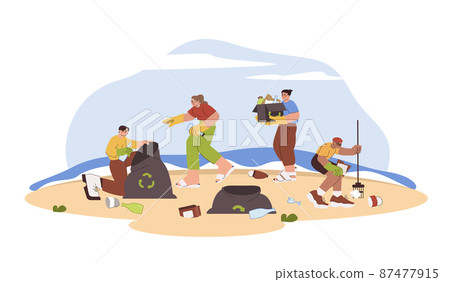Flat volunteers with trash bags collect garbage on sea beach 87477915