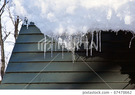 Snow and icicles on the roof of a log house Snow and icicles on the roof of a log house 87478662