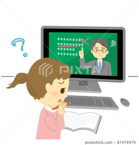 插圖素材：小學生（女孩/問號）看著電腦屏幕上在線課程時表情焦慮 87478979