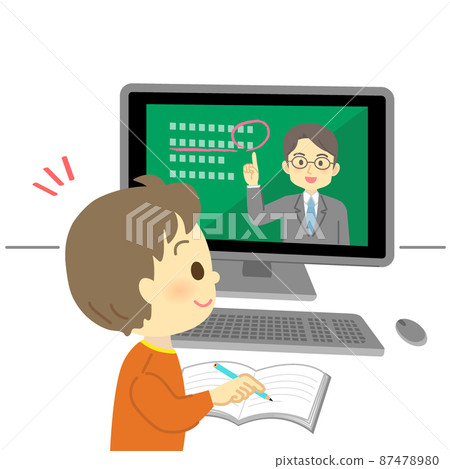 Illustration material: Smiley elementary school student (boy / positive) taking an online class from a teacher looking at a computer screen 87478980