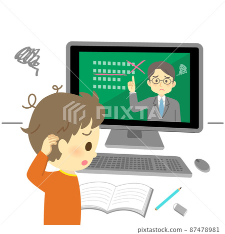 Illustration material: Elementary school student (boy) with an expression that you do not understand even if you take an online class on a computer Illustration material: Elementary school student (boy) with an expression that you do not understand even if you take an online class on a computer 87478981