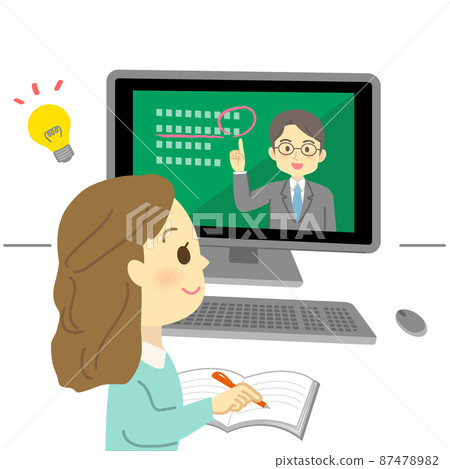 Illustration material: A smiling young woman taking an online class from a teacher looking at a computer screen Illustration material: A smiling young woman taking an online class from a teacher looking at a computer screen 87478982