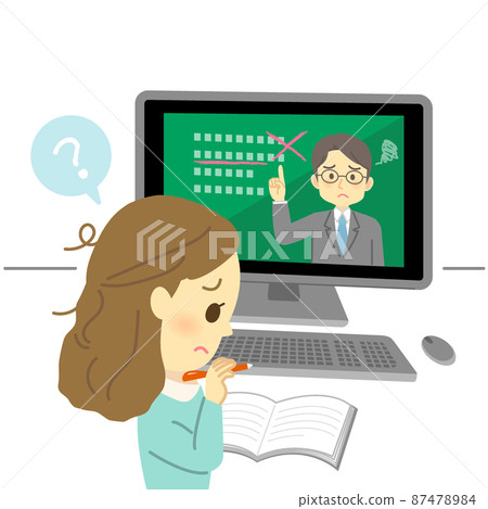 插圖素材：一名年輕女子看著電腦屏幕上在線課程但表情不安 87478984