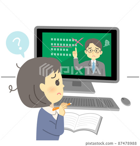 插圖素材：一邊看電腦屏幕一邊上課的年輕女性（學生） 87478988