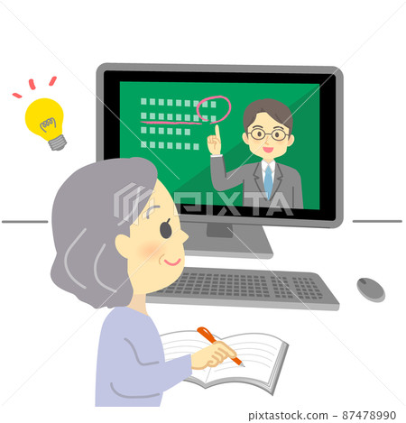 插圖素材:一位微笑的老婦人(高級)從老師那裡上在線課,看著電腦屏幕 插圖素材:一位微笑的老婦人(高級)從老師那裡上在線課,看著電腦屏幕 87478990