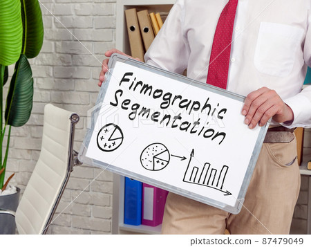 Manager holds whiteboard with firmographic segmentation charts. 87479049