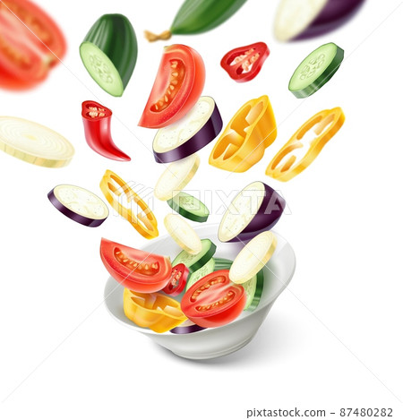 Realistic vegetables flying salad. 3D sliced products falling in plate. Fresh ingredients mixing. Vegetarian food preparing. Diet nutrition. Vitamin recipe. Porcelain bowl. Vector concept 87480282