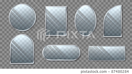 Realistic framed glass banners. Transparent different shapes surfaces with minimalist metal borders. Glossy reflection. Rectangle and round screens. Vector isolated objects mockup set Realistic framed glass banners. Transparent different shapes surfaces with minimalist metal borders. Glossy reflection. Rectangle and round screens. Vector isolated objects mockup set 87480284