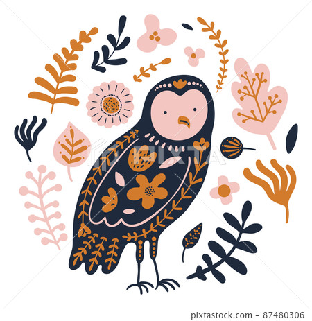 Owl print with floral ornament in ethnic fantasy style Owl print with floral ornament in ethnic fantasy style 87480306