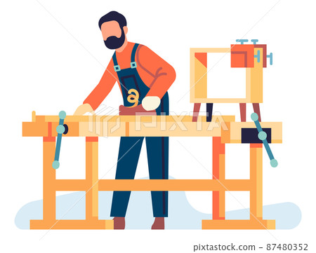 Carpenter working. Man smoothing wood with plane 87480352