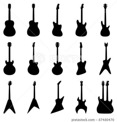 Set of silhouettes of acoustic guitars, electric guitars, bass guitars, vector illustration 87480470
