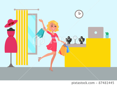 Clothing Store and Woman, Vector Illustration 87481445