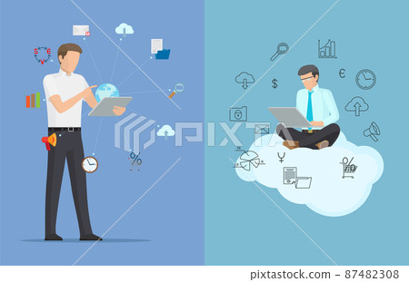 Businessman and Set of Icons Vector Illustration Businessman and Set of Icons Vector Illustration 87482308