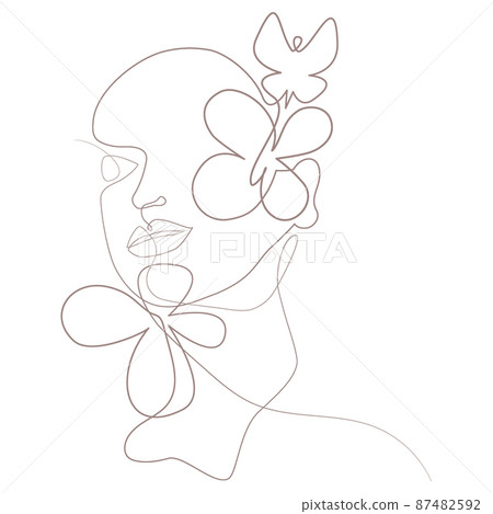 Continuous line contour drawing of a woman face with flowers and a butterfly. Modern minimalism art. Continuous line contour drawing of a woman face with flowers and a butterfly. Modern minimalism art. 87482592