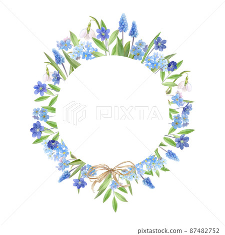 Wreath with spring blue flowers, space for text, watercolor illustration Wreath with spring blue flowers, space for text, watercolor illustration 87482752