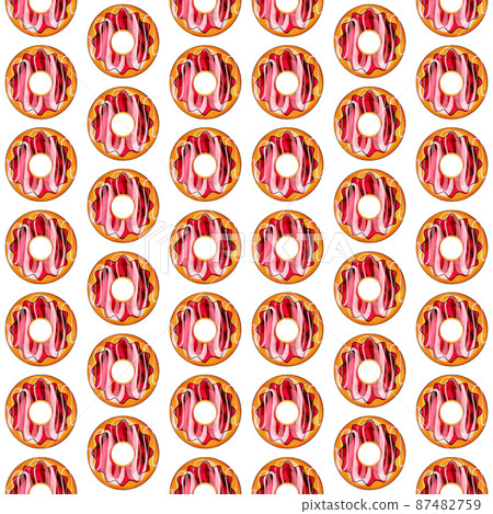Seamless pattern of red donuts on a white isolated background. Confectionery sweets top view. 87482759