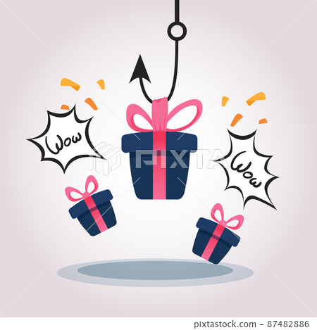 Phishing cybercrime. Fishing hook with fake present. scammer or fraud theft in internet, hacking cyber crime Phishing cybercrime. Fishing hook with fake present. scammer or fraud theft in internet, hacking cyber crime 87482886