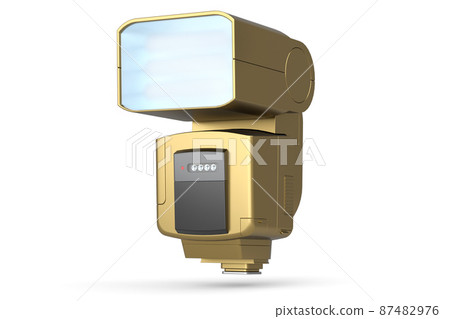 Camera external gold flash speedlight isolated on white background. Camera external gold flash speedlight isolated on white background. 87482976