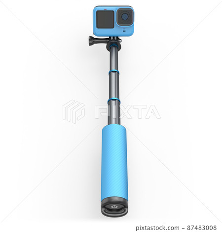 Photo and video lightweight blue action camera with selfie stick on white 87483008