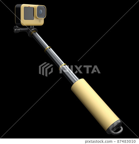 Photo and video lightweight yellow action camera with selfie stick on black Photo and video lightweight yellow action camera with selfie stick on black 87483010