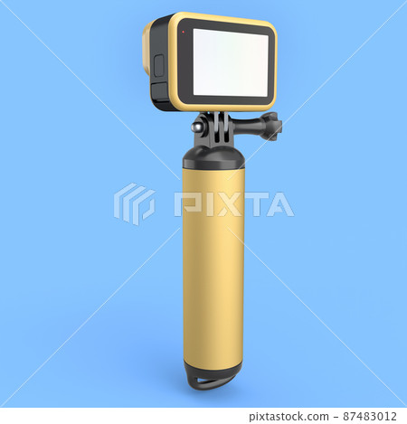 Photo and video lightweight yellow action camera with monopod on blue background 87483012