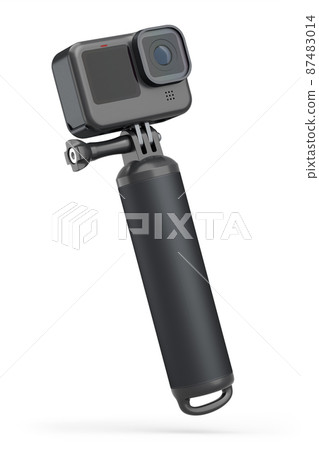 Photo and video lightweight black action camera with monopod on white background Photo and video lightweight black action camera with monopod on white background 87483014